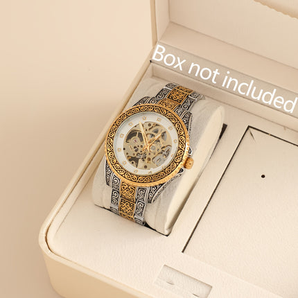 Men'S Vintage Mechanical Watch Luxury Hollow Case with Golden-Tone Dial, Mechanical Movement
