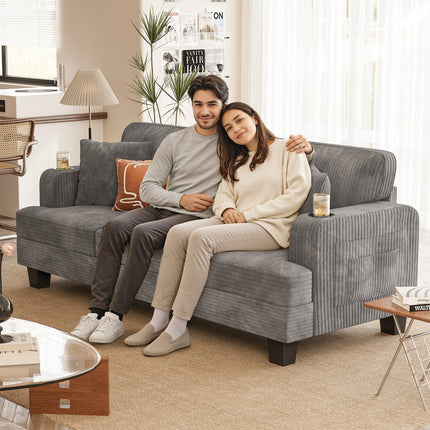 Sofa Couch 84" 3-Seater with 2 Pillows, Cup Holders & Side Pockets - Space-Saving Grey Foam