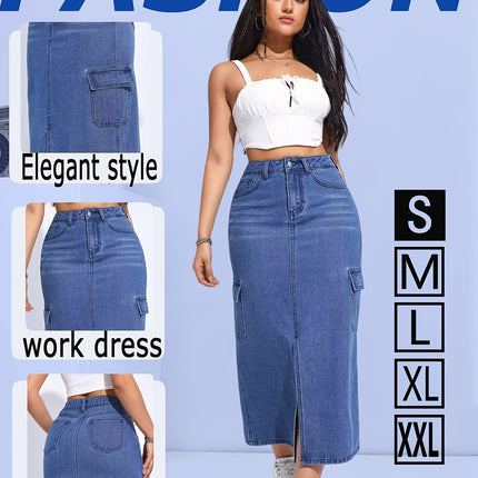 Spring Summer Autumn Slit Skirt with Large Pockets, High-Waisted Casual