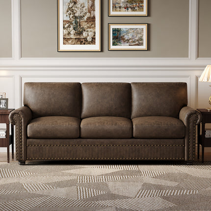 Leather Sofa  Nailhead Trim Deep Seat Rolled Arms 3 Seater, Brown, ONBRILL, Pre-assembled for Various Room Types