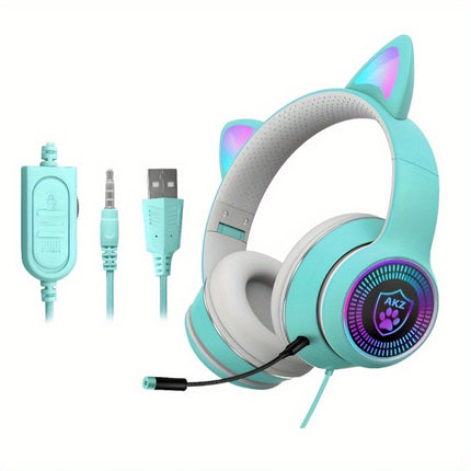 AUX 3.5Mm Cat Ear Gaming Headphones with LED Light, Noise-Cancelling Stereo On-Ear Headphones,