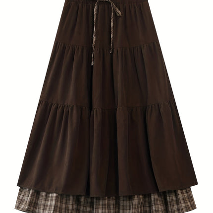A Thick Patchwork Midi Skirt with a Pocket, Featuring a Corduroy Checkered Design And a Tie