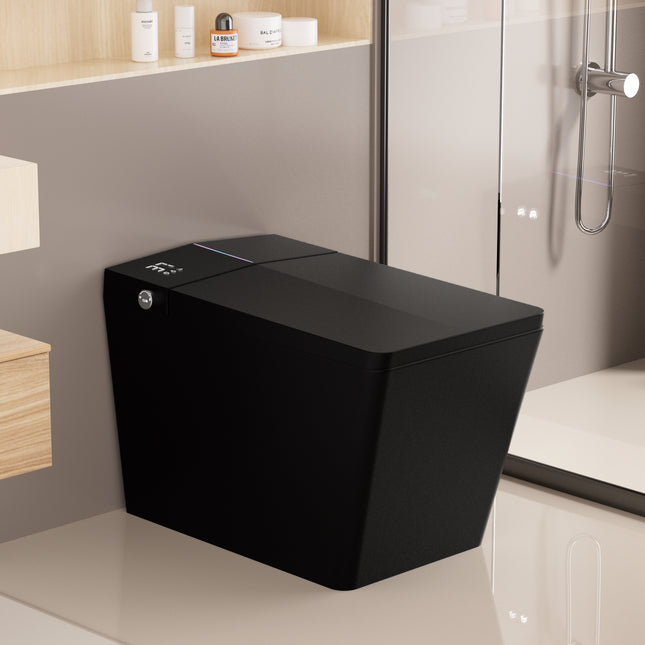 Black Square Smart Toilet with Built-in Tank for Bathroom, Remote Control, Tankless Bidet Toilet with Foot Touching Lid Opening, Auto Flush, Heated Seat, LED Digital Display, User Memory, Matte Black