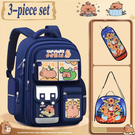 Kabbalah Three-Piece Set Backpack - Includes Lunch Box, Pencil Case, Fashionable Capybara