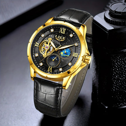 Men'S Luxury Mechanical Watch | Business Style, Mixed Color, Rhinestone Inlay, Transparent Bottom Cover,