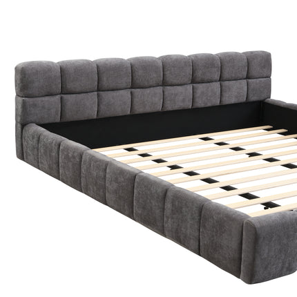 King Size Elegant Soft Chenille Upholstered Bed with Checkerboard Headboard - Frame Bed