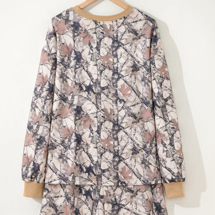 Khaki Woodland Camo Print Long Sleeve Top Casual Short Set