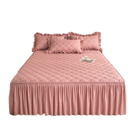 Quilted Fitted Sheet Dust Cover Bed Skirt Fitted Sheet Solid Color