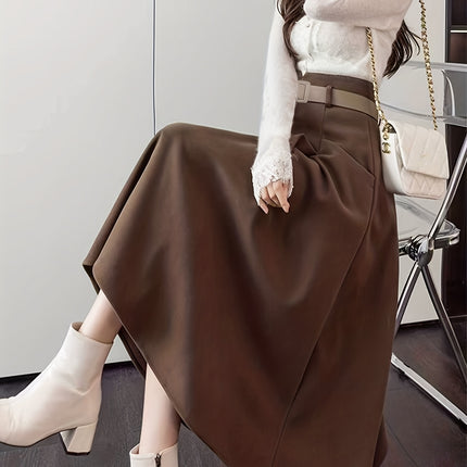Elegant Flared Skirt with Belt | Women'S Fall/Winter Design, Back Zipper, Pockets, Solid Color