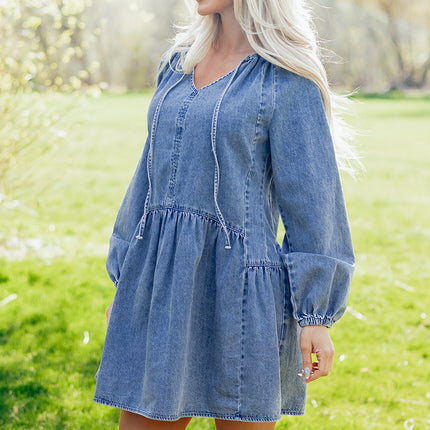 Myosotis Puff Sleeve V Neck Ruffled Loose Denim Mini Dress