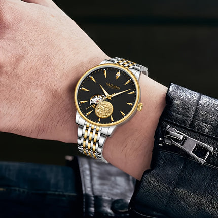 Men's Automatic Mechanical Skeleton Watch with Adjustable Metal Band, Black Dial & Golden Accents