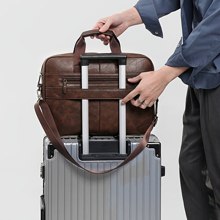 Men'S Vintage Multi-Zip Business Briefcase, 14-Inch Laptop Bag, Shoulder And Hand-Held Bag