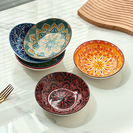 12pcs Bohemian Style Dinnerware Set, Colorful Hand-Painted Underglaze, 5.7-Inch Ceramic Plates,