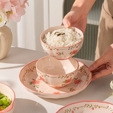 8pcs French Country Ceramic Dinnerware Set with Red Glaze & Peach Blossom Pattern Round Plates,