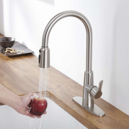 Kitchen Sink Faucet with Pull Out Sprayer Brushed Nickle,Stainless Steel High Arc Kitchen Sink Faucet, 3 Way Setting Single Handle Kitchen Faucets with Deck Plate