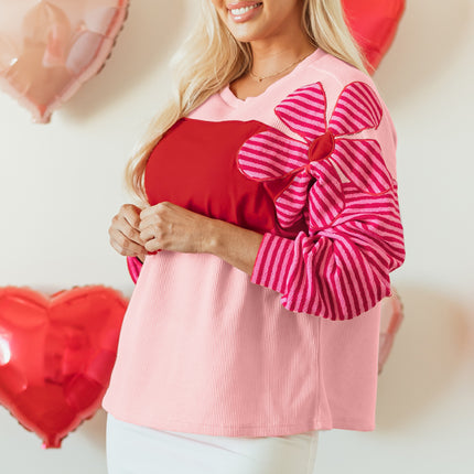 Pink Floral Patch Color Block Striped Sleeve Textured Top