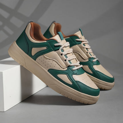 Men's Low-Top Sneakers Lightweight Breathable Geometric Color-Block Design (Beige/Green)