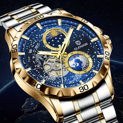 Men's Mechanical Watch Starry Sky Dial Steel Band Stopwatch Sun Moon Star Automatic