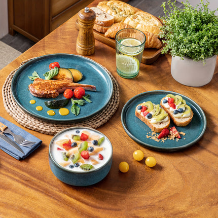18pcs Elegant Blue Stoneware Dinner Set with Dual-Sided Reactive Glaze - Includes Dinner Plates