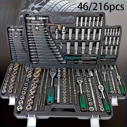 46/216pcs Automotive Repair Tool Set, Ratchet Wrench, 1/2", 1/4", 3/8" SAE Metric Socket Wrench Set