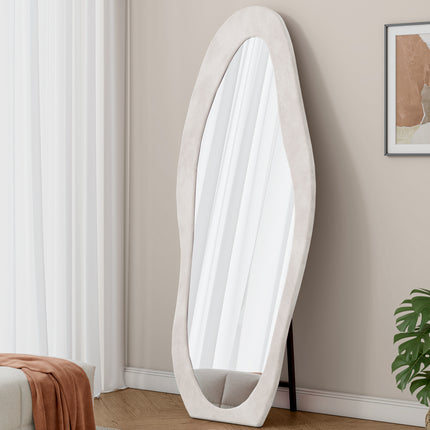 Full Length Mirror, 63' x 24' Floor Mirror/ Wall Mirror, Flannel Wrapped Wooden Frame Floor Mirror,Irregular Wavy Mirror Standing/Halling Large Wall Mirror for Bedroom,Living Room, Dressing Room White