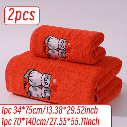 2pcs Cartoon Cat Embroidery Towel Set, Super Absorbent Coral Fleece, Soft & Comfortable