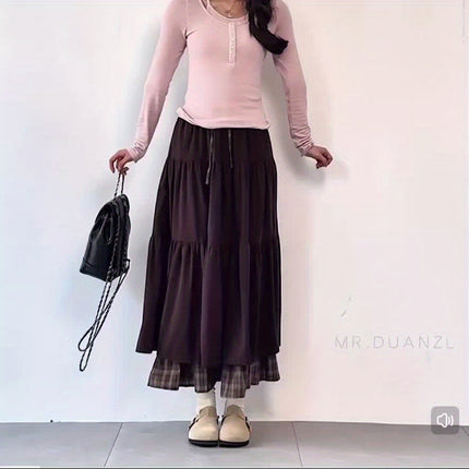 A Thick Patchwork Midi Skirt with a Pocket, Featuring a Corduroy Checkered Design And a Tie
