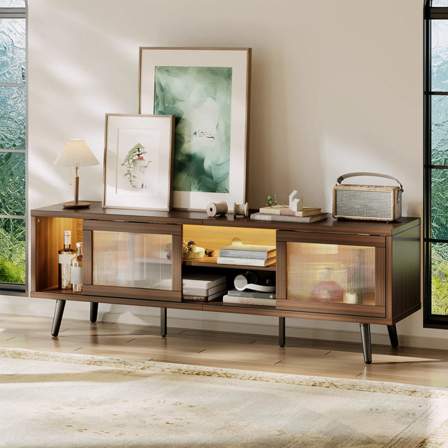 TV Stand for 75 Inch TV, 63” LED Entertainment Center with Sliding Acylic Doors, Mid Century Modern