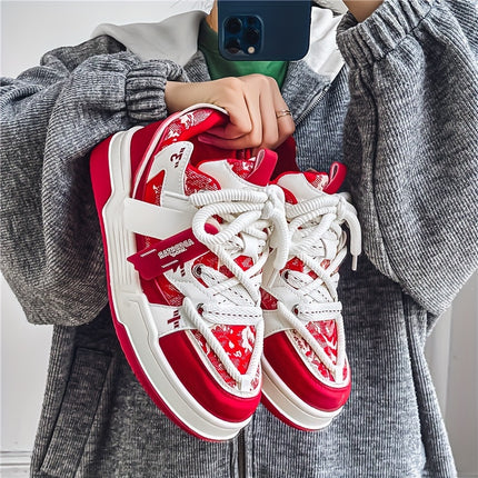 Men's Versatile Street Style Skateboot Shoes - Casual Fashion Sneakers in Red & White with Abstract Pattern,