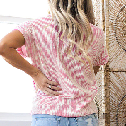 Pink Corded Knit Color Block Pocketed Crew Neck T Shirt