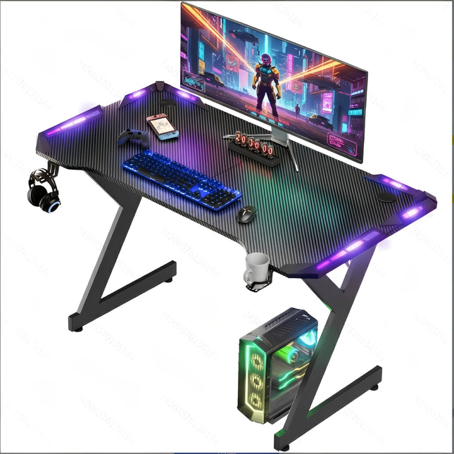 Ergonomic Gaming Desk, Featuring A Carbon Fiber Desktop And Four LED Lights