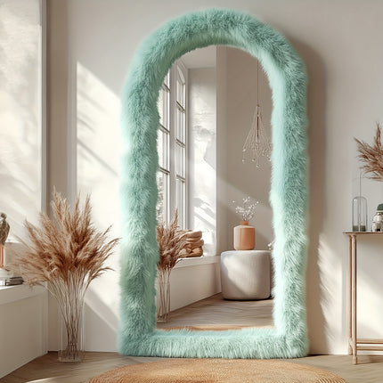 24"x63" Full Length Mirror Chic Pink Faux Fur Framed Leaning Hanging Wall Mirror Full Body