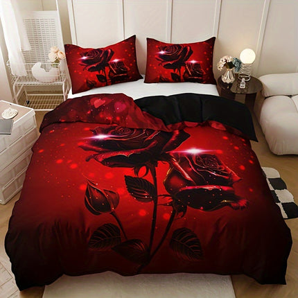 3pcs Red Rose Print Duvet Cover Set - Includes 1 Duvet Cover & 2 Pillowcases, Breathable Polyester, Machine Washable - Perfect for All Seasons