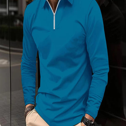 Zipper Men's Solid Color Long Sleeve Sports Polo Shirt