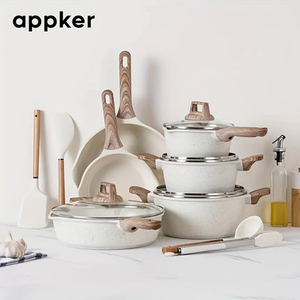 Appker White Granite Induction Cooking Set, Kitchen Cookware Collection Including Frying Pan, Pot