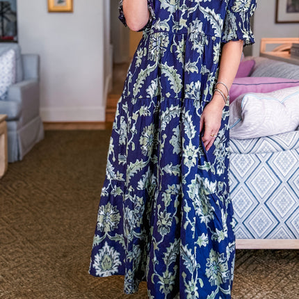 Blue Wild Floral Print Frilled Collar Half Sleeve Long Dress