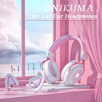 Cute Cat Ear Headphones - Wired Gaming Headset with HD Microphone, Detachable Cat Ears