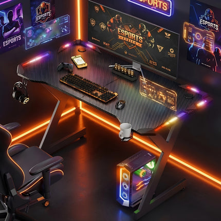 Gaming Desk With Carbon Fiber Desktop And 4 LED Lights, Sturdy Home/office