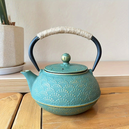Green & Golden Fan Pattern - Cast Iron Enamel Teapot - Stainless Steel Infuser With Removable Filter