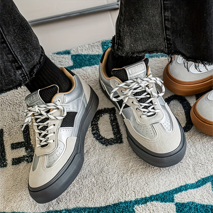 Men'S Retro Low-Top Sneakers - White & Green Accent Lace-Up Shoes with Golden-Tan Sole