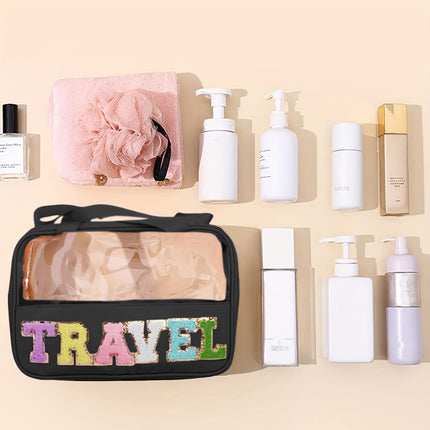 Light Pink TRAVEL Chenille Letter Clear PVC Makeup Bag
