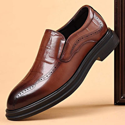 Men's Genuine Leather Dress Loafers - Pointed Toe Slip-On Brogues for Business
