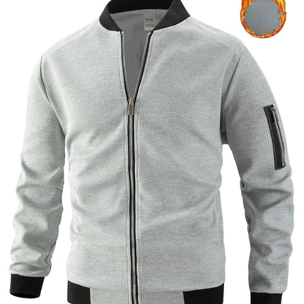 Men's Waffle Solid Color Cardigan Pocket Zipper Thickening Stand Collar Coat