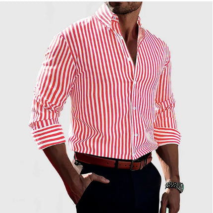 Ins Stripe Printed Long Sleeve Shirt Men Fashion Casual Lapel Button Top Clothing