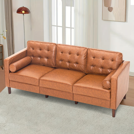 Inches Premium Faux Leather Sofa with 2 Bolster Pillows, Modern 3-seat Sofa