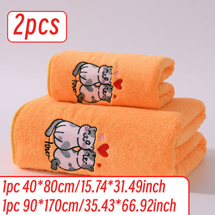 2pcs Cartoon Cat Embroidery Towel Set, Super Absorbent Coral Fleece, Soft & Comfortable