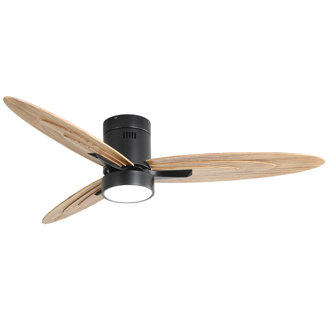 56 Inch Modern Design Flush Mount Ceiling Fan with Light and Remote Control, 3 Solid Wood Blades Reversible DC Motor Carbonized Black Walnut/Black for Living Room