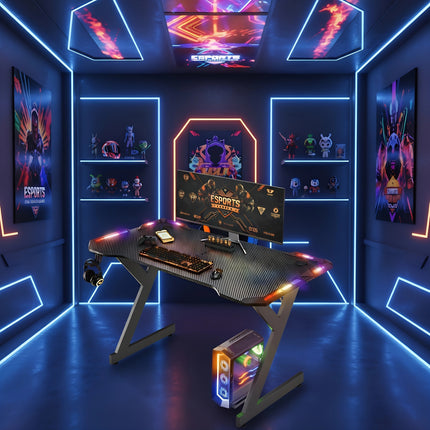 Gaming Desk With Carbon Fiber Desktop And 4 LED Lights, Sturdy Home/office