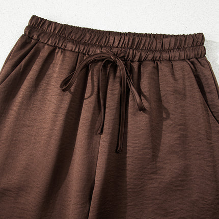 Dark Brown Braided V Neck Long Sleeve Loose Top and Drawstring High Waist Pants 2pcs Outfit