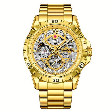 Men'S Mechanical Watch - Elegant Hollow Dial with Stainless Steel Strap,
